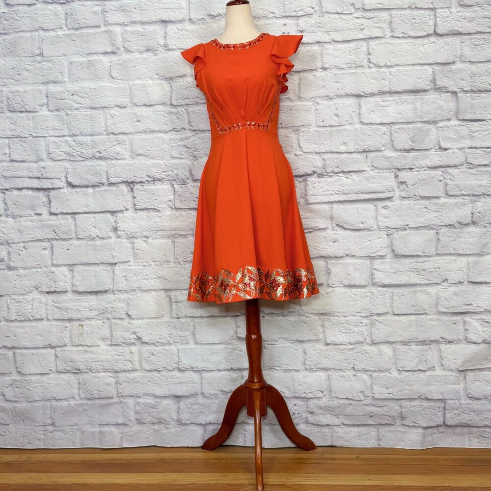 Ranna Gill Orange Metallic Embroidered Fit & Flare Dress - Picture 1 of 6